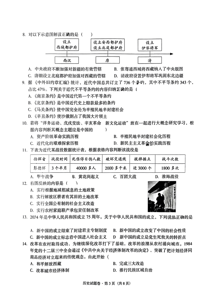 云南省红河哈尼族彝族自治州2024年中考二模历史试题（扫描版无答案）