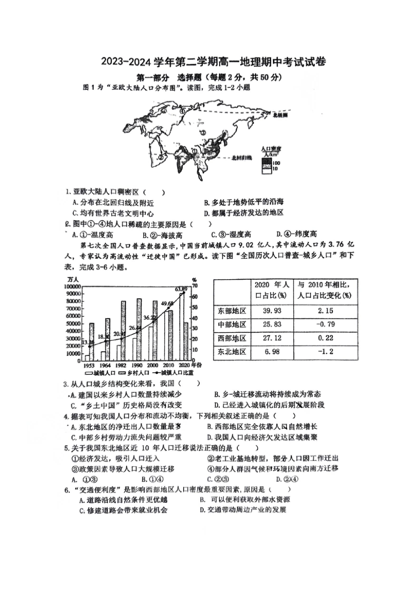 2024北京顺义一中高一（下）期中地理（PDF版无答案）