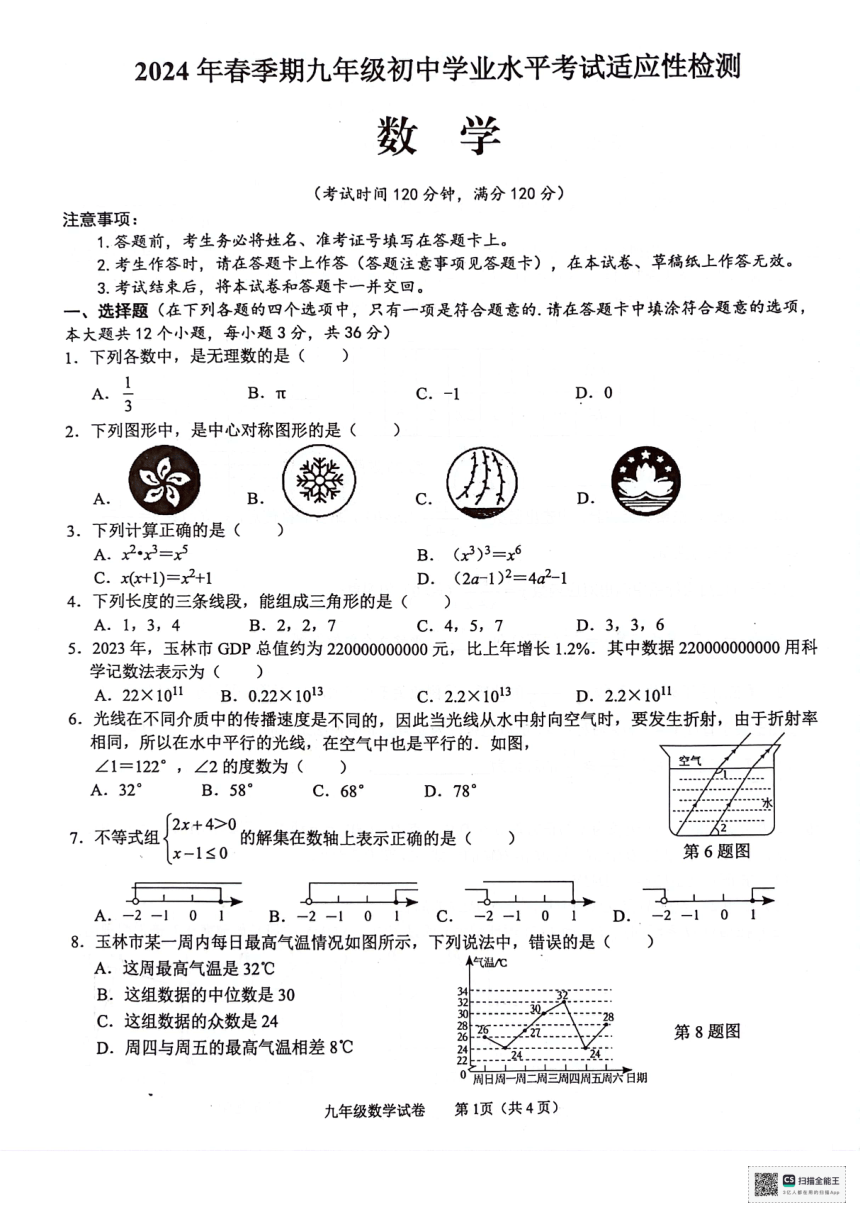 2024年广西壮族自治区玉林市 九年级初中学业水平考试适应性检测 数学试题（PDF高清版，无答案）