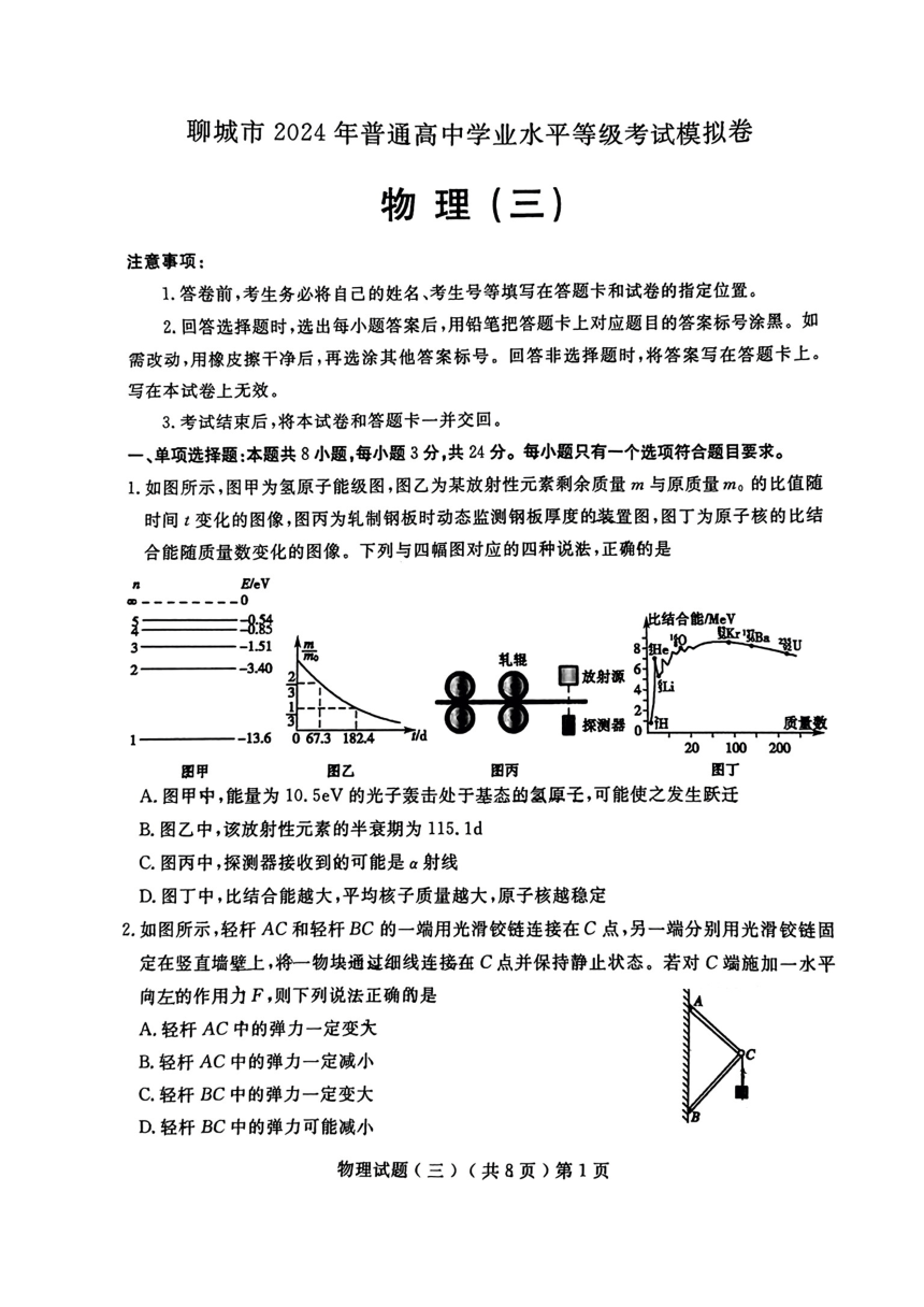 山东省聊城市2024届高三下学期等级模拟卷（三）物理试卷（图片版含答案）