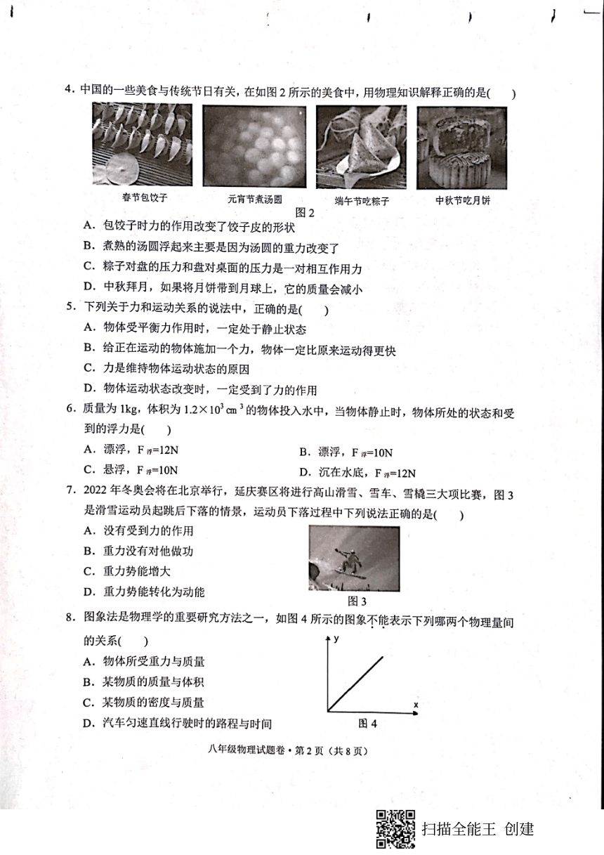 云南省红河州中小学2019-2020学年八年级下学期期末教学质量监测物理试题（图片版，无答案）