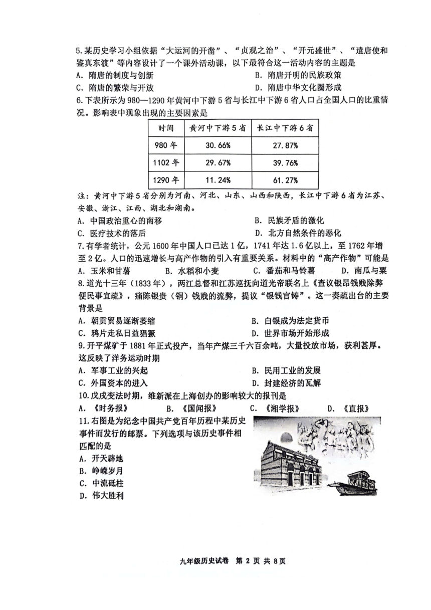 天津市河西区2024年九年级下学期历史中考模拟试题（一）（扫描版无答案）