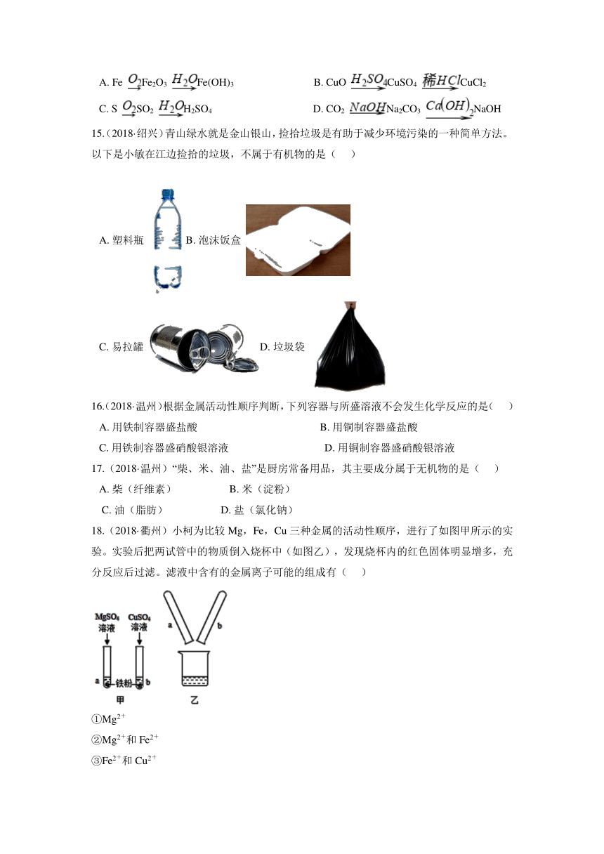 浙江省各地2018—2020年中考科学试题分类汇编--专题十  金属的性质与有机物