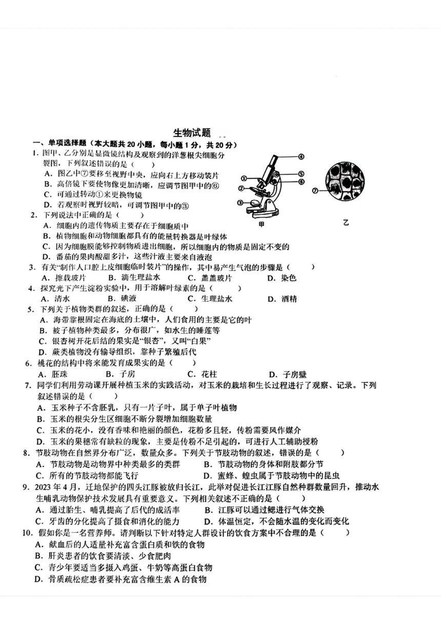 2024年江西省吉安市吉州区中考二模考试生物试题（PDF版含答案）