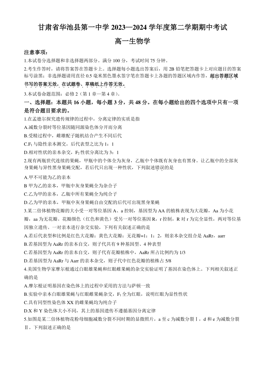 甘肃省庆阳市华池县第一中学2023-2024学年高一下学期期中考试生物学试题（含答案）