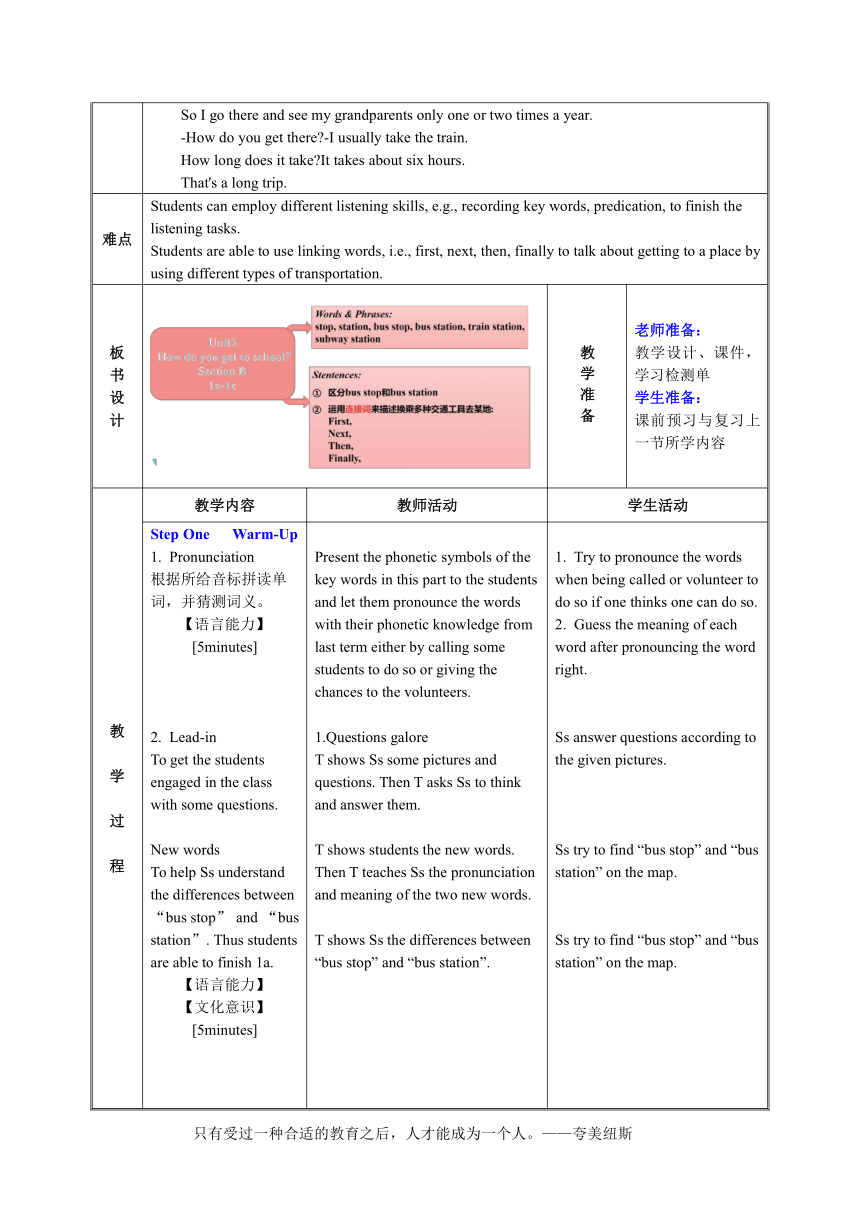 人教版英语七年级下册 Unit 3 Section B 1a-1e表格式教学设计