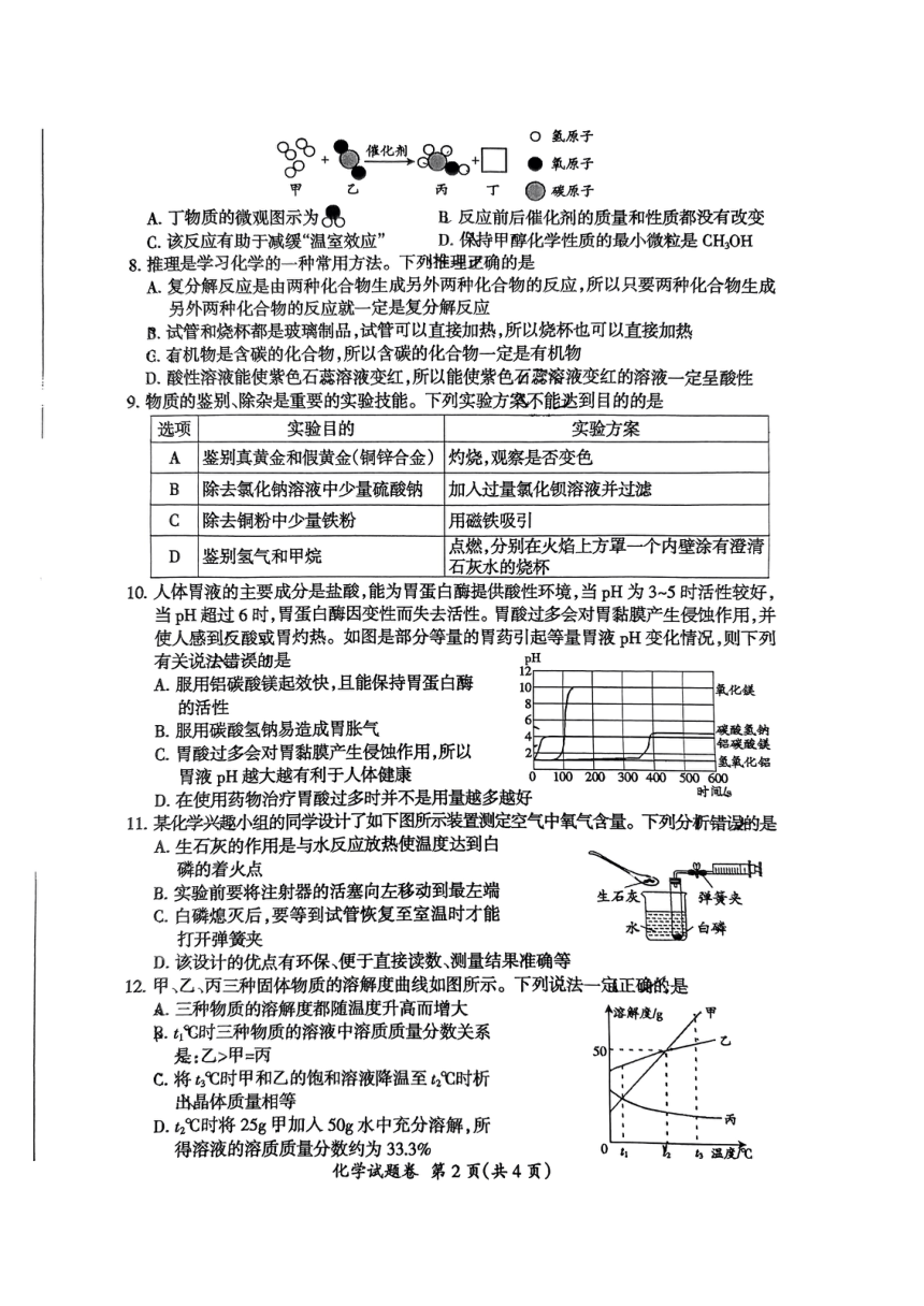 2024年安徽省滁州市第二中学中考二模化学试卷（PDF  无答案）