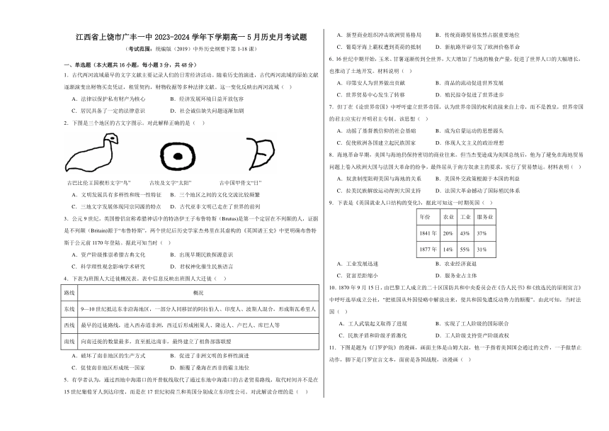 江西省上饶市广丰一中2023-2024学年下学期高一5月历史月考试题（含答案）