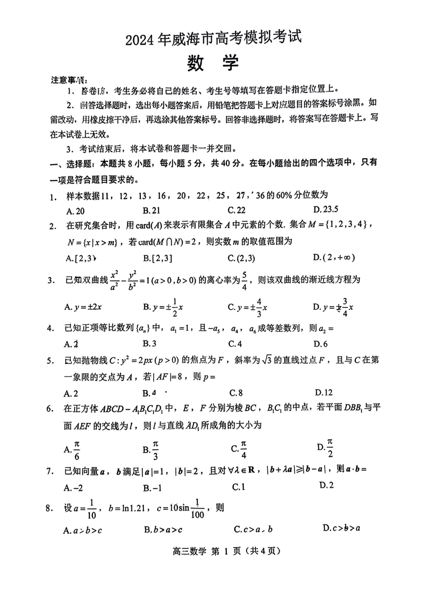 2024届山东省威海市高考模拟数学试题（PDF版，无答案）