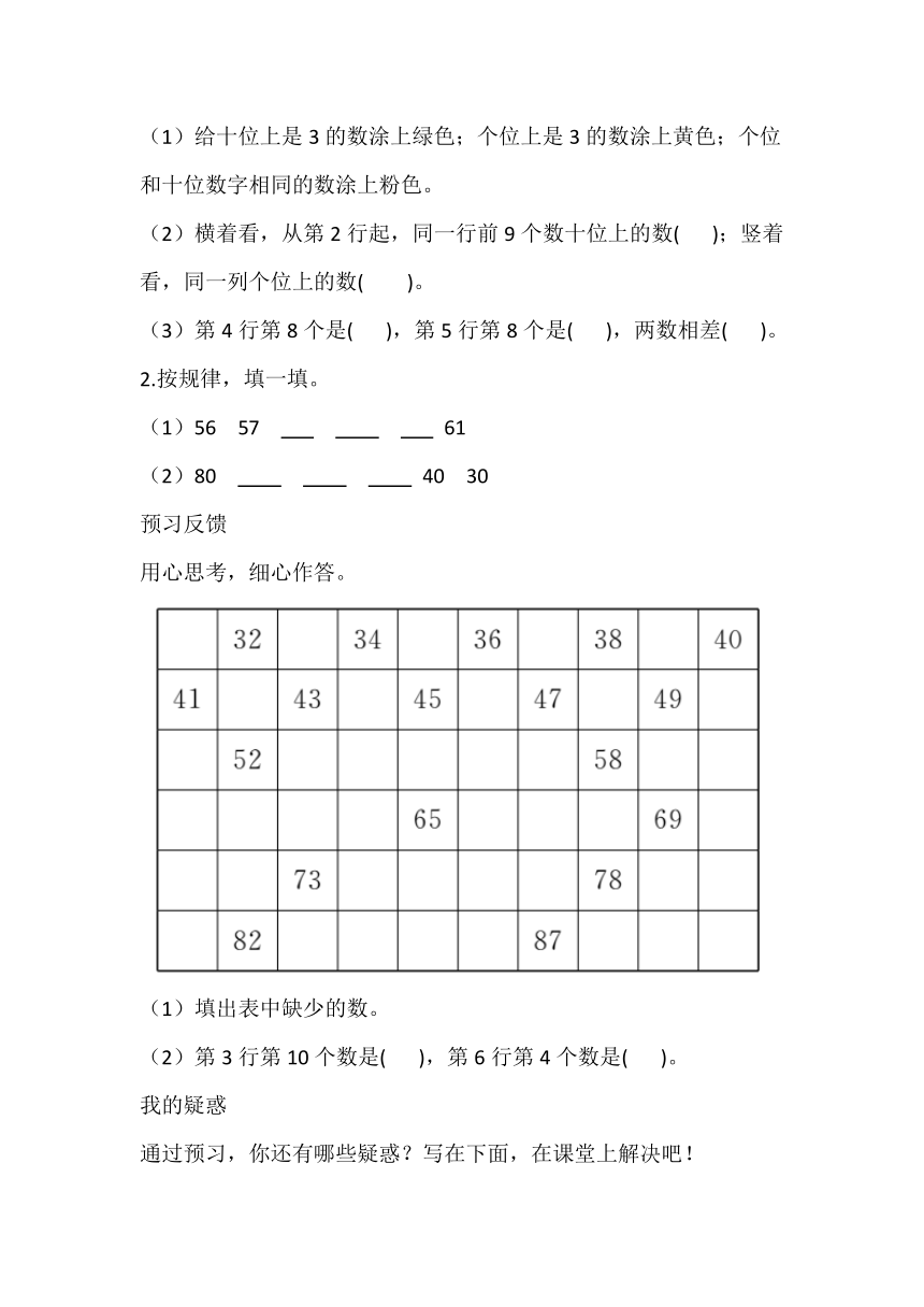 人教版一年级数学下册同步练习第四单元100以内数的认识（无答案）