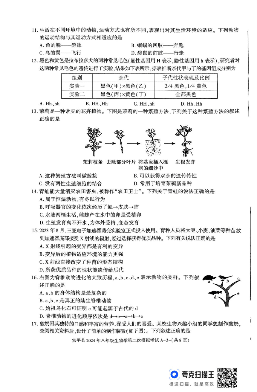 2024年陕西省渭南市富平县八年级生物学第二次模拟考试试卷（pdf版含答案）