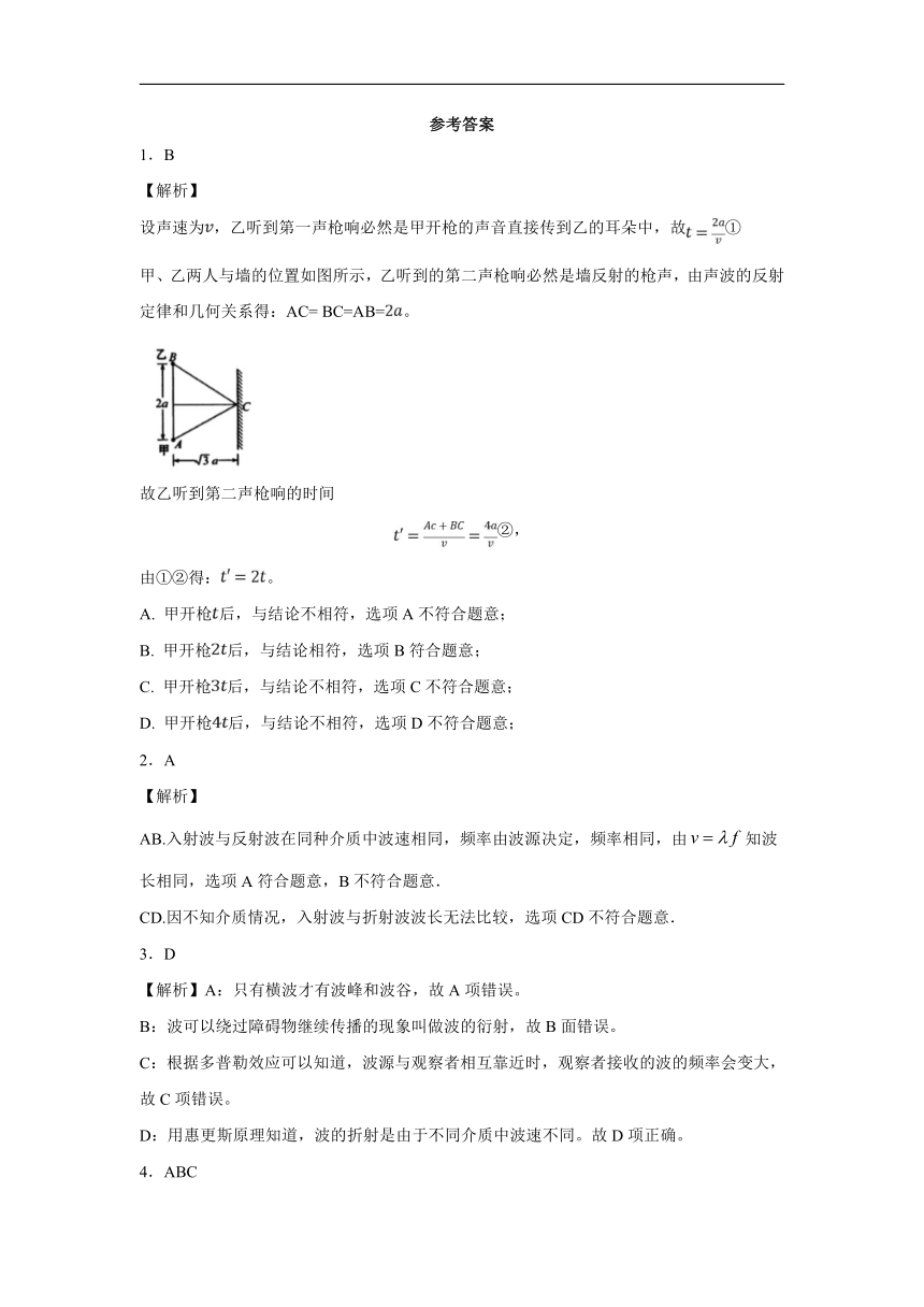 上海市北虹高中2019-2020学年物理沪科版选修3-4：2.4惠更斯原理 波的反射与折射 课时作业（含解析）