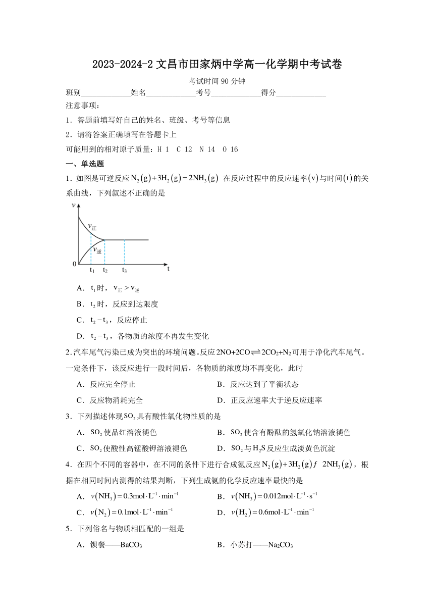 海南省文昌市田家炳中学2023-2024学年高一下学期期中考试化学试题（含解析）