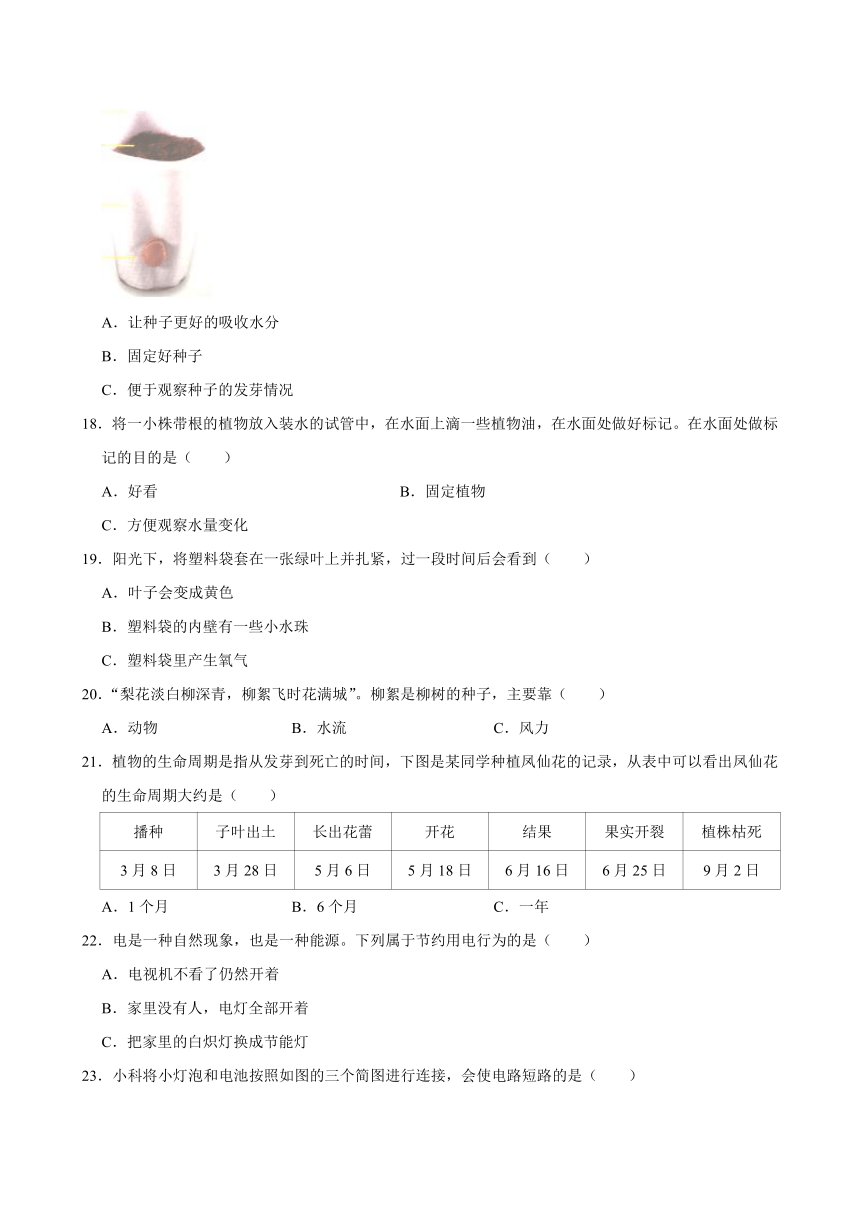 浙江省杭州市萧山区多校2023-2024学年四年级下学期期中科学试卷（含答案解析）