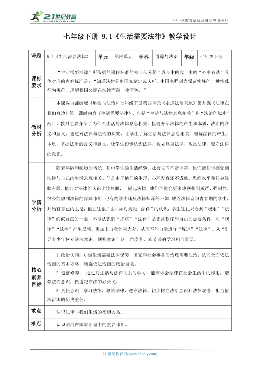 9,1《生活需要法律》表格式教案