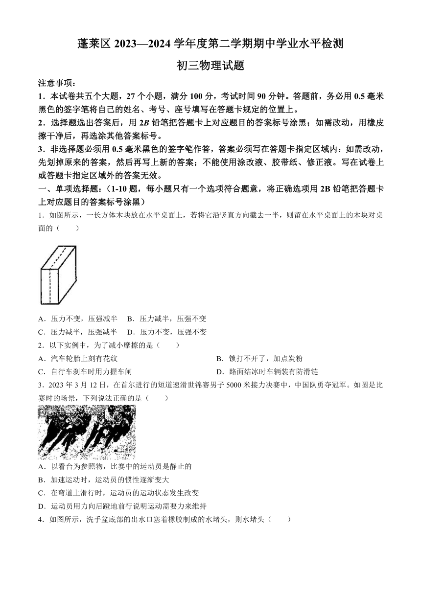 山东省烟台市蓬莱区（五四制）2023-2024学年八年级下学期期中考试物理试题（含答案）