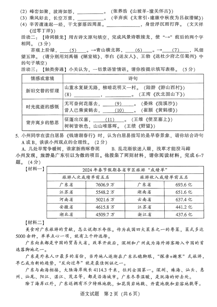 2024年广东省韶关市中考一模语文试题（pdf版无答案）