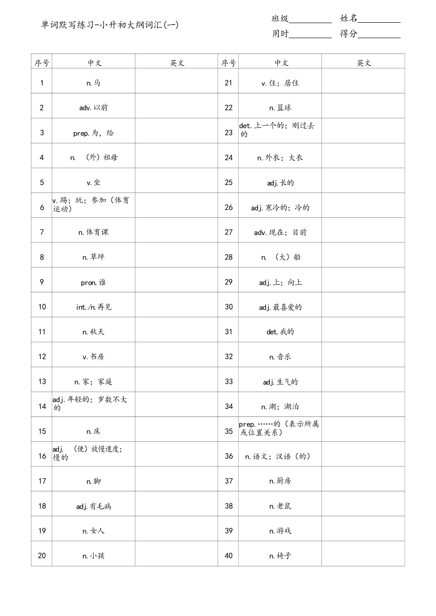 2023-2024学年人教版(PEP)英语小升初专项复习：单词默写练习（一）