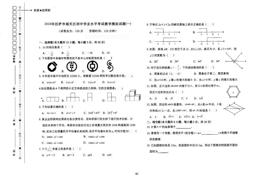 2024年西藏自治区拉萨市城关区初中学业水平考试数学模拟试题(一)（pdf版无答案）
