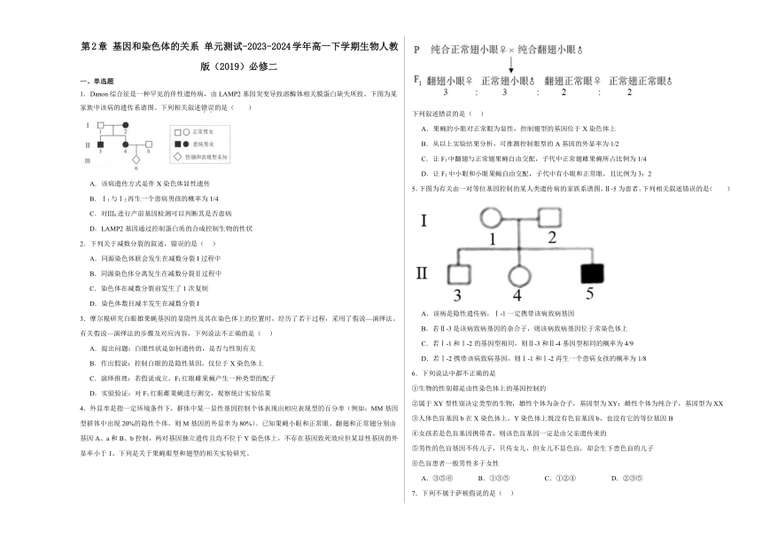 第2章 基因和染色体的关系 单元测试（含解析）-2023-2024学年高一下学期生物人教版（2019）必修二