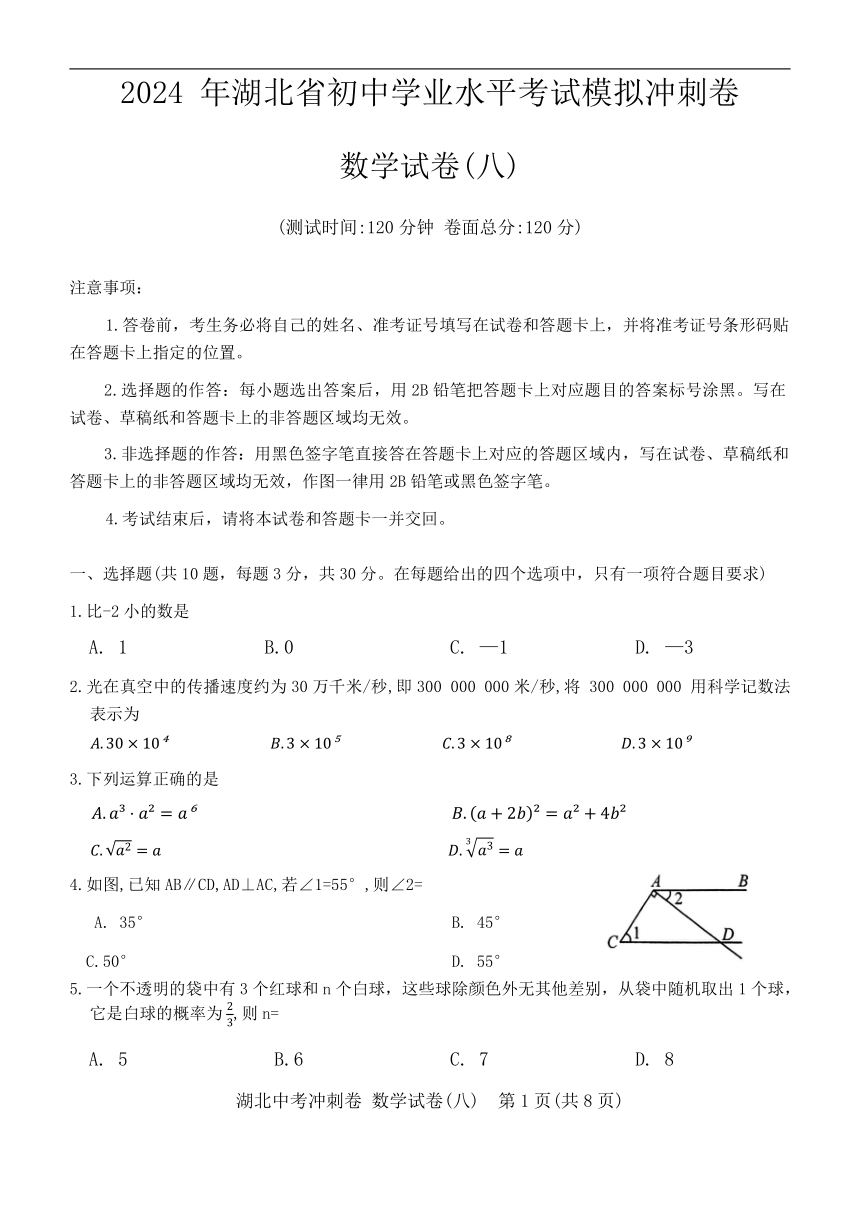 2024年湖北省中考三轮冲刺模拟数学试卷(八)（无答案）
