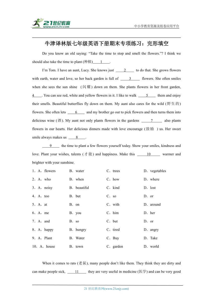 牛津译林版七年级英语下册期末专项练习：完形填空（含答案）