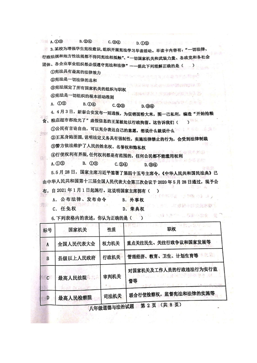 山东省潍坊寿光市2019-2020学年八年级下学期期末考试道德与法治试题（扫描版，含答案）