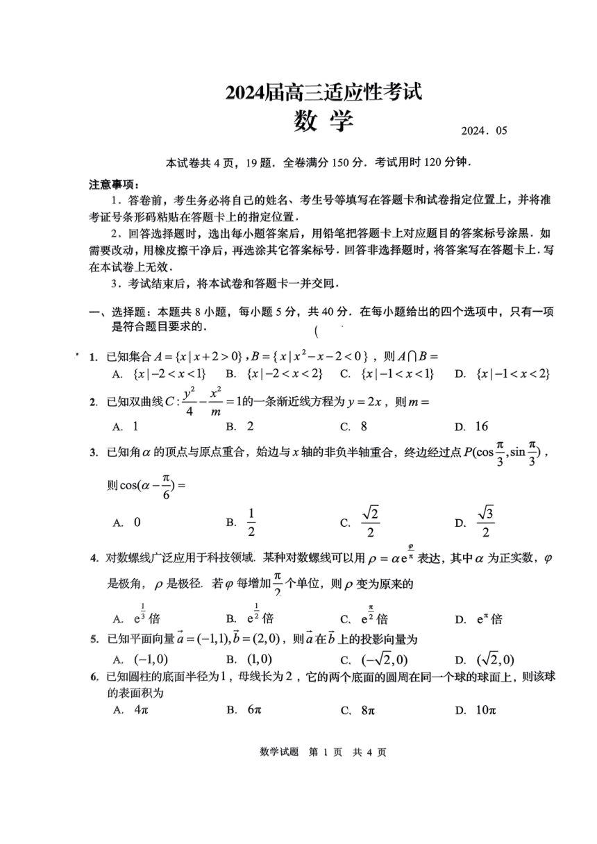 山东省济南市2024届高三下学期5月适应性考试（三模）数学试题（PDF版，无答案）