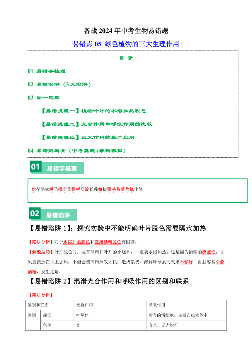 易错点05 绿色植物的三大生理作用-备战2024年中考生物易错题（含解析）