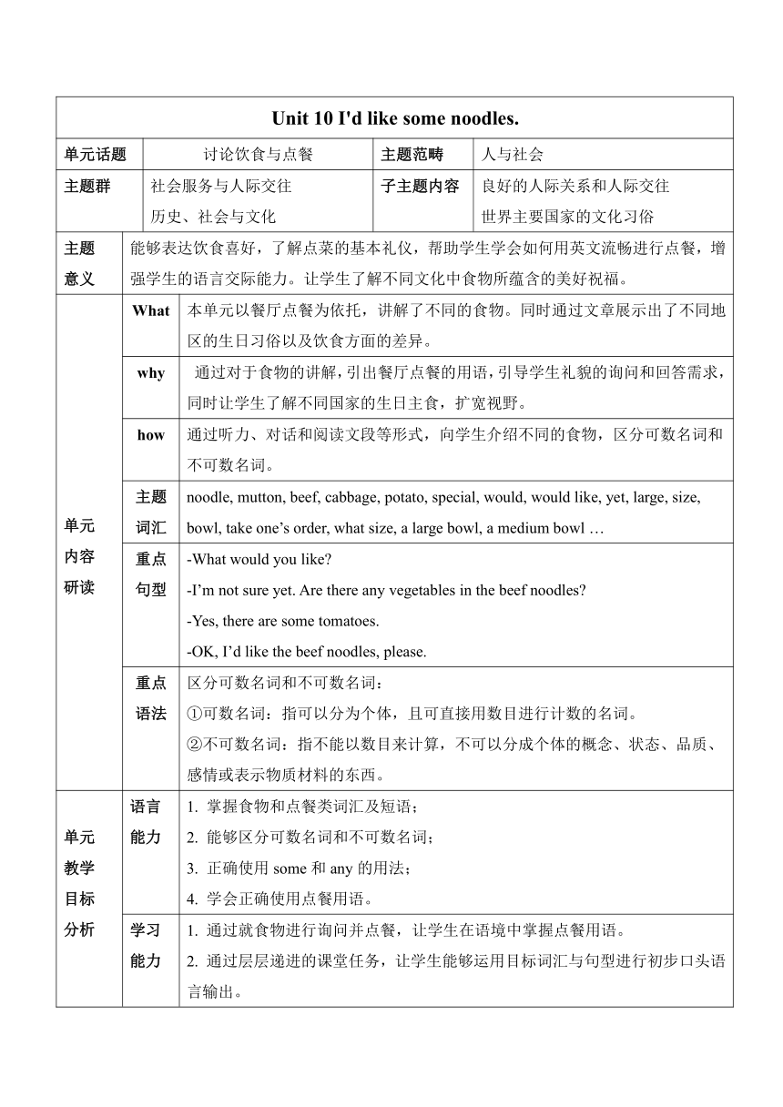 Unit 10 I'd like some noodles.大单元整体教学设计2023-2024学年人教版英语七年级下册.