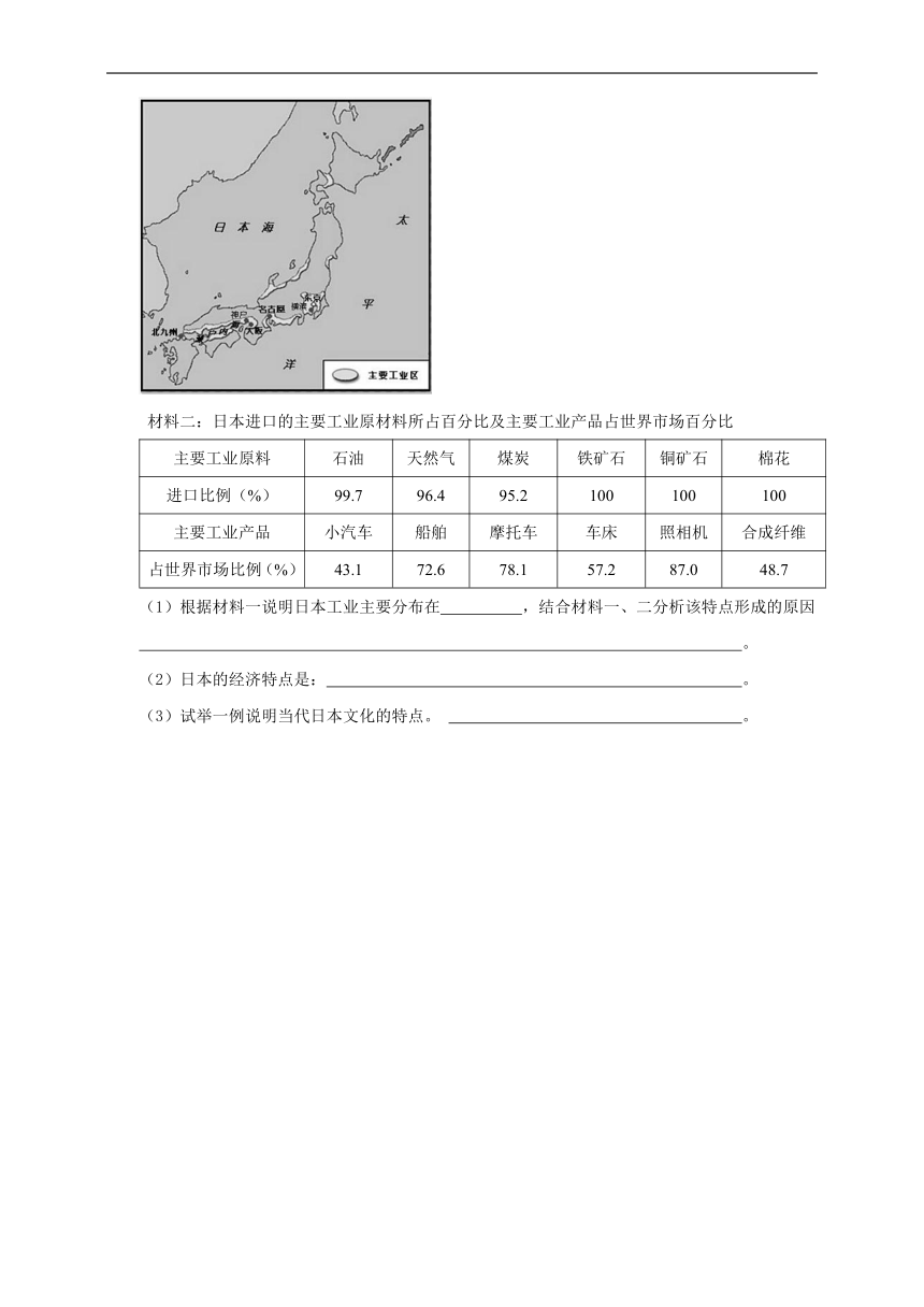 第七章 第一节  日本 第2课时 同步练习（含解析）初中地理中图版八年级下册