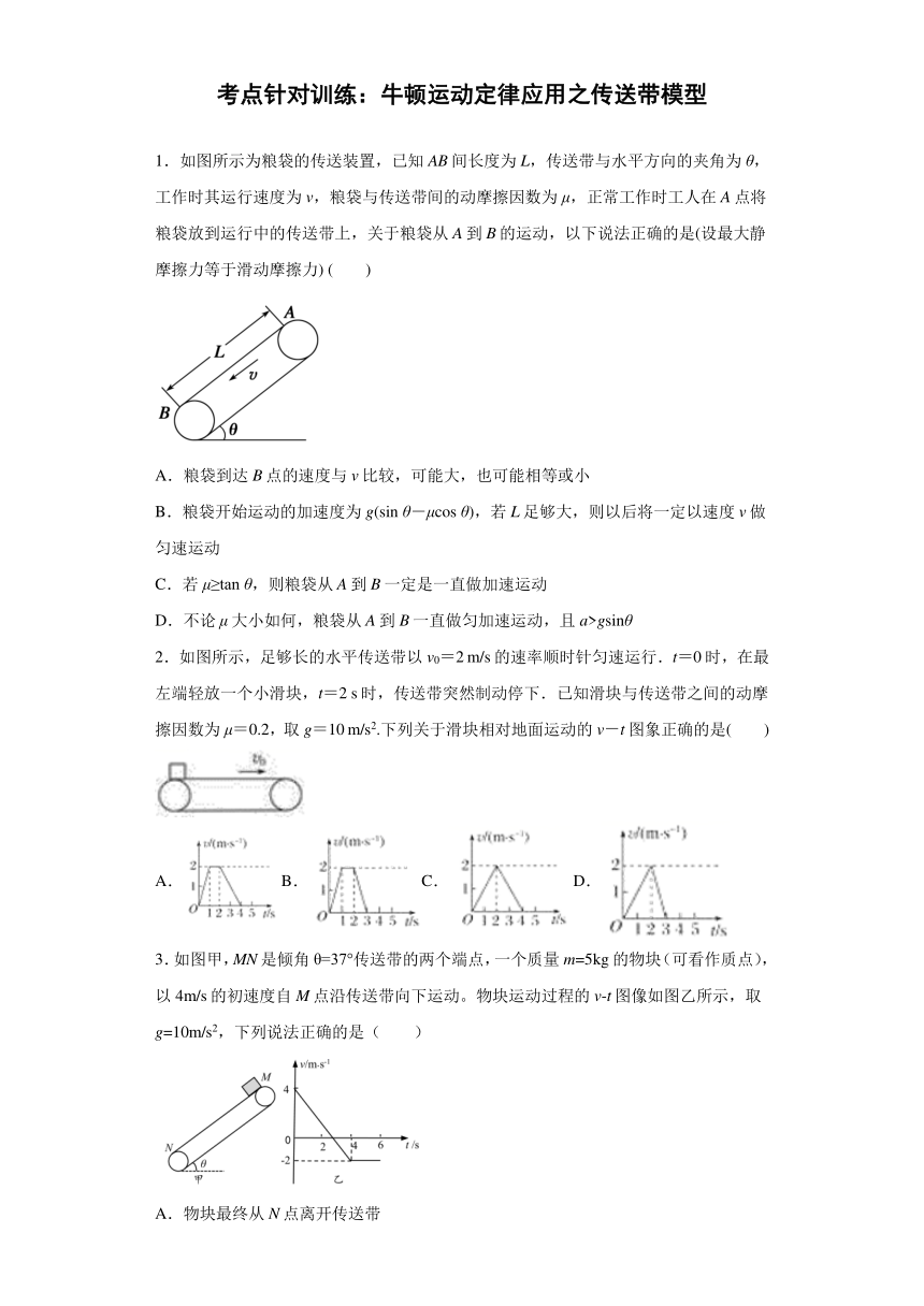 高中物理人教新课标版必修1： 牛顿运动定律应用之传送带模型 针对训练（含解析）