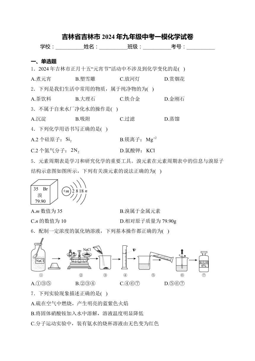 2024年吉林省吉林市九年级中考一模化学试卷(含解析)