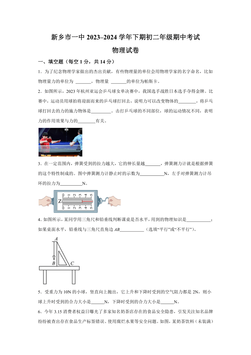 河南省新乡市红旗区新乡市第一中学2023-2024学年八年级下学期4月期中物理试题（解析版）