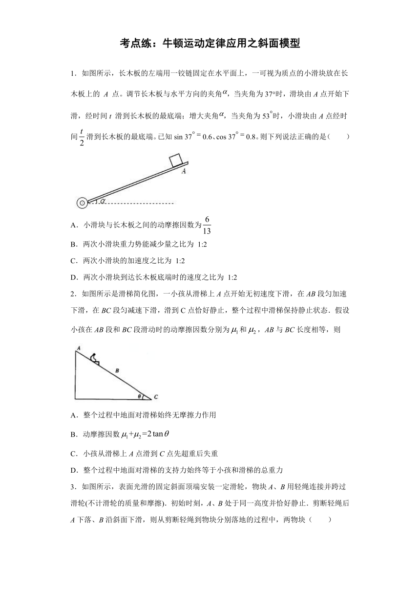 高中物理人教新课标版必修1： 牛顿运动定律应用之斜面模型 补充练习（含解析）