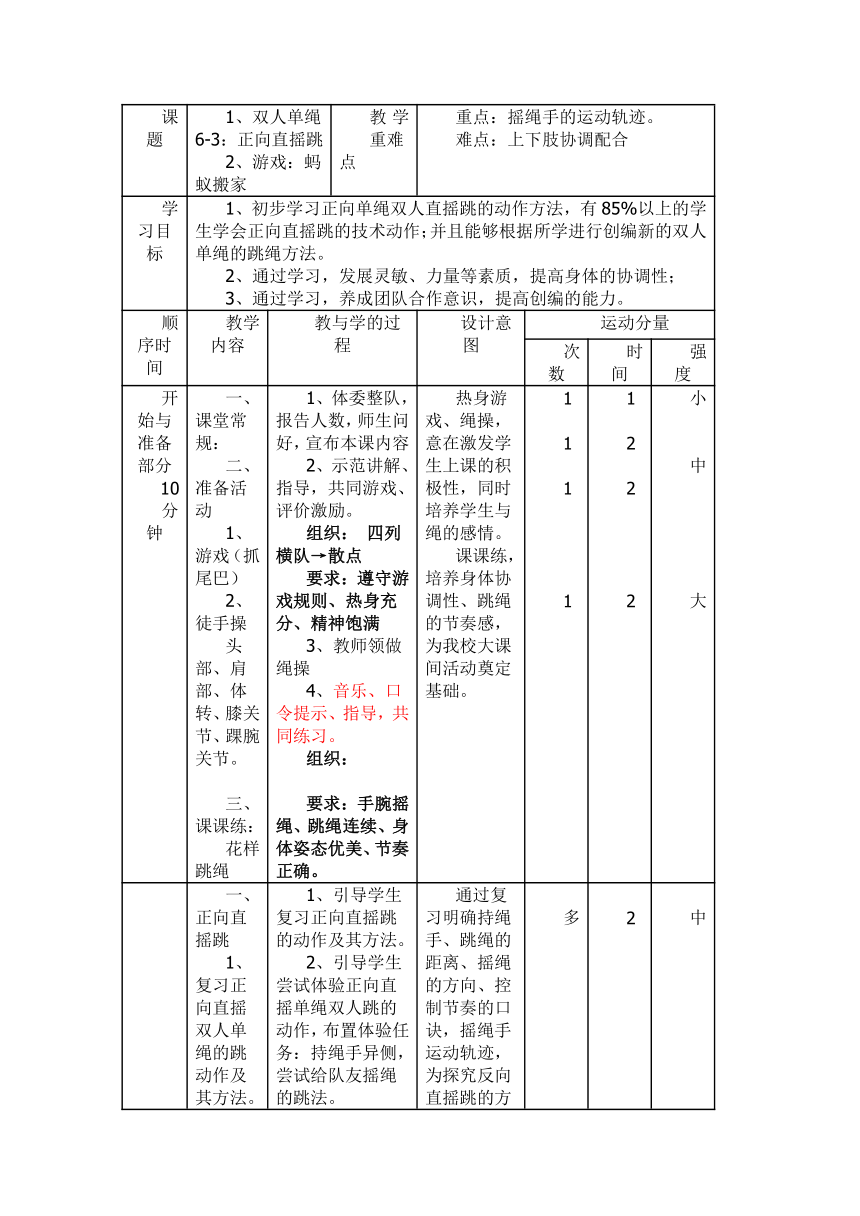 人教版体育四年级下册双人单绳跳绳 教学设计（表格式）