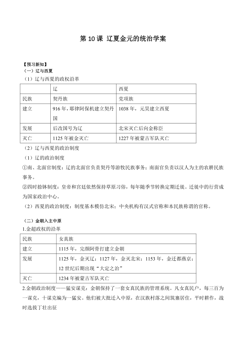 第10课 辽夏金元的统治 学案（含解析）