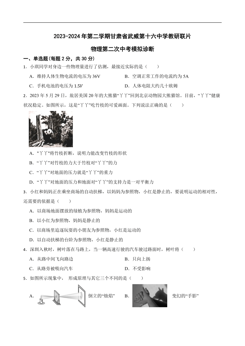 2024年甘肃省武威市第十六中学教研联片中考二模物理试题（含答案）