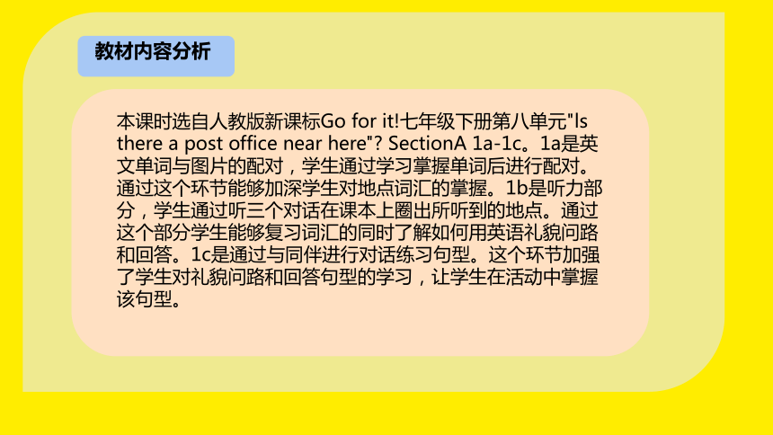 （新课标）Unit 8 SectionA 1a-1c 说课课件+内嵌音视频（新目标七下Unit 8 Is there a post office near here?）