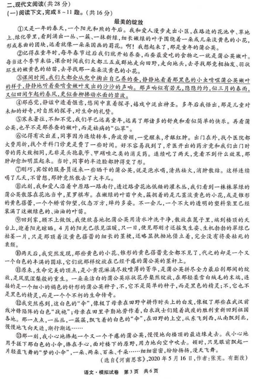 河南省新野县2020年中考语文第三次模拟考试试卷（PDF版含答案）