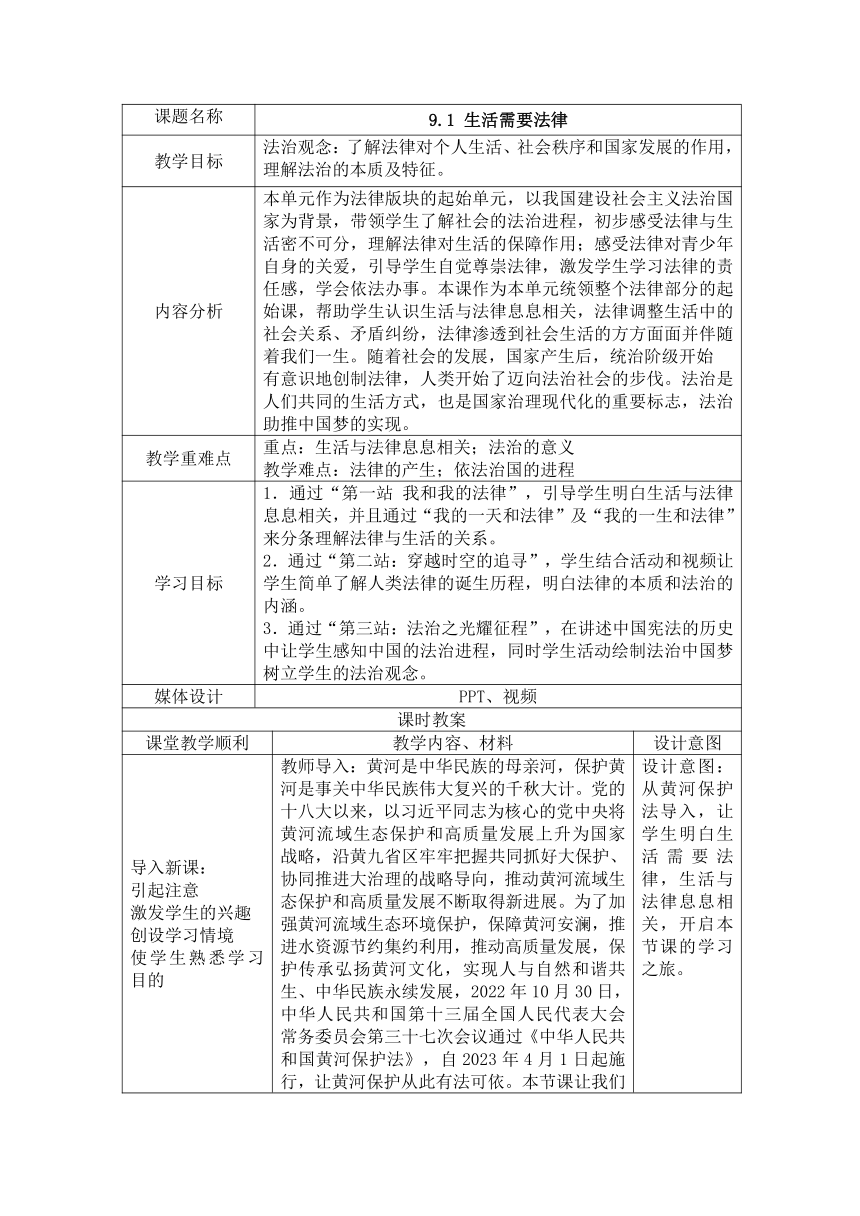 9.1 生活需要法律 教案*（表格式）