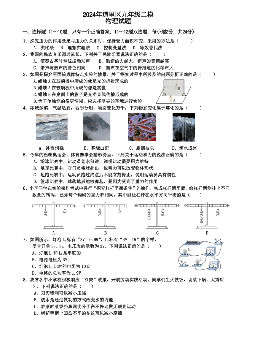 2024年黑龙江省哈尔滨市道里区九年级下学期（中考二模）物理试题（PDF版含答案）