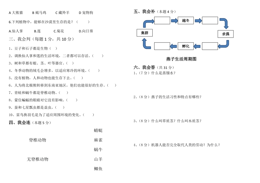 冀人版三年级下册科学试题 - 期中质量检测A卷  (word 含答案 )