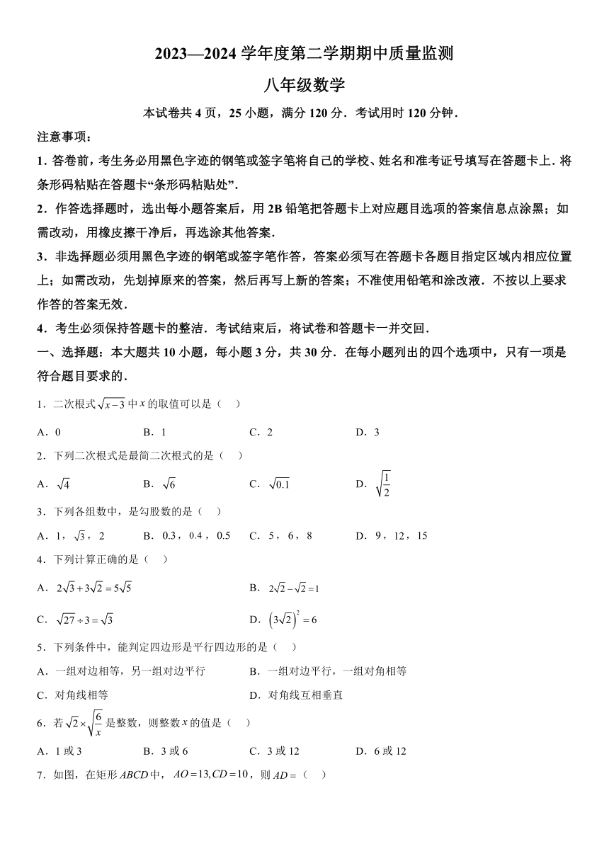 广东省阳江市江城区2023-2024学年八年级下学期期中数学试题（含解析）