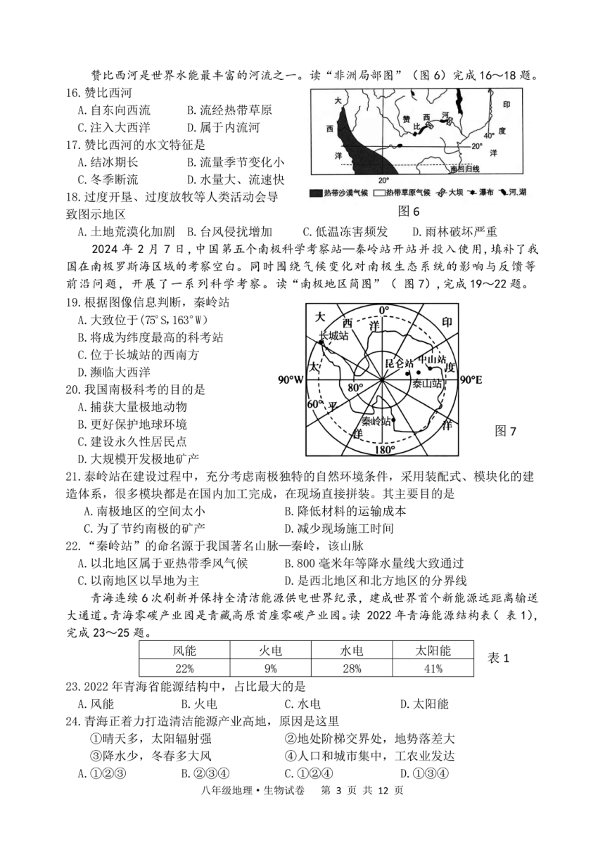 2024年江苏省宿迁市泗阳县中考二模地理、生物试卷（图片版 无答案）