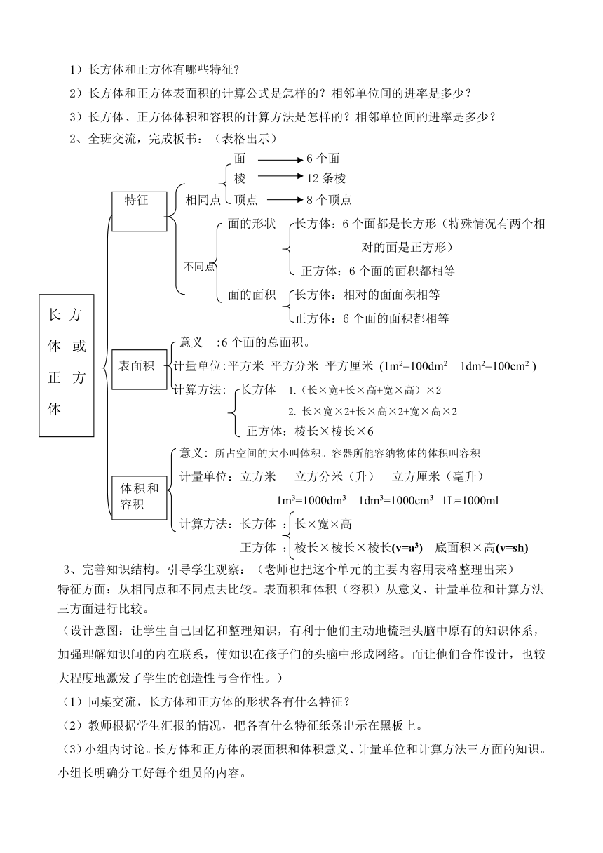 北师大版六年级上册数学教案-总复习 长方体和正方体的整理与复习