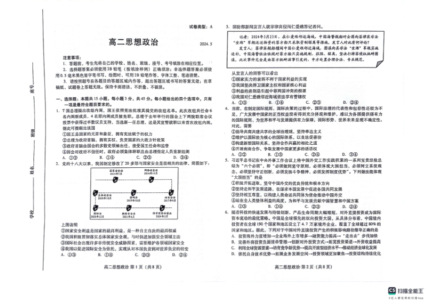 山东省潍坊市2023-2024学年高二下学期5月期中考试政治试题（PDF版无答案）