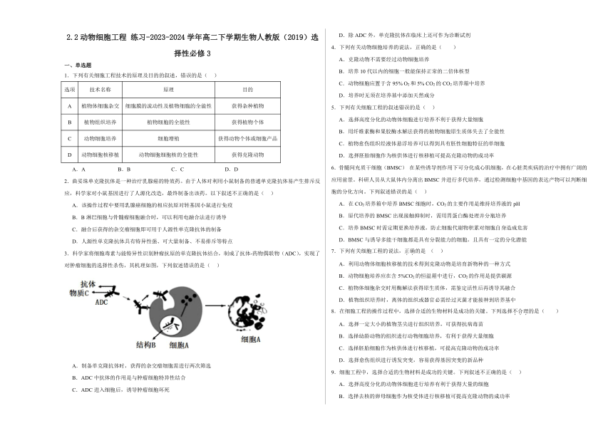 2.2动物细胞工程 练习(含解析）-2023-2024学年高二下学期生物人教版（2019）选择性必修3