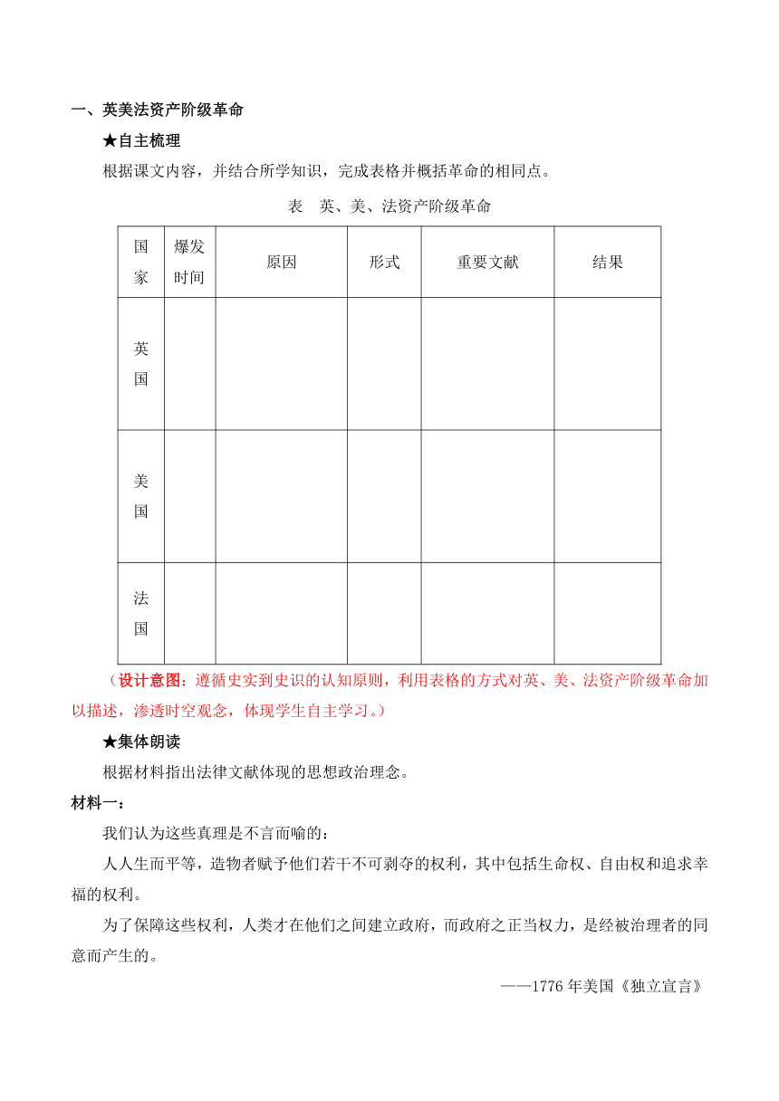 纲要（下）第9课 资产阶级革命与资本主义制度的确立 教学设计（无答案）