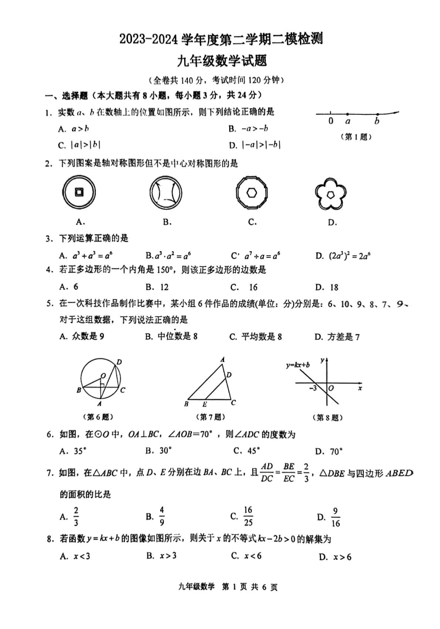 2024年江苏省徐州市中考二模数学试题（图片版无答案）